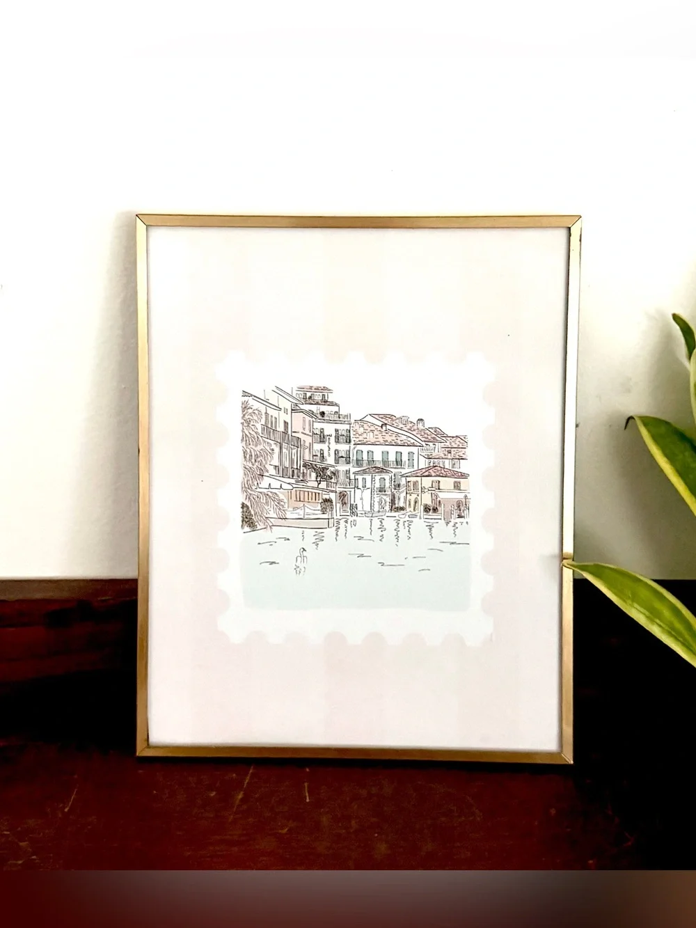 Vintage Italy Stamp Print Drawing Retro Style Gold Metal Framed Wall Art 8x10”